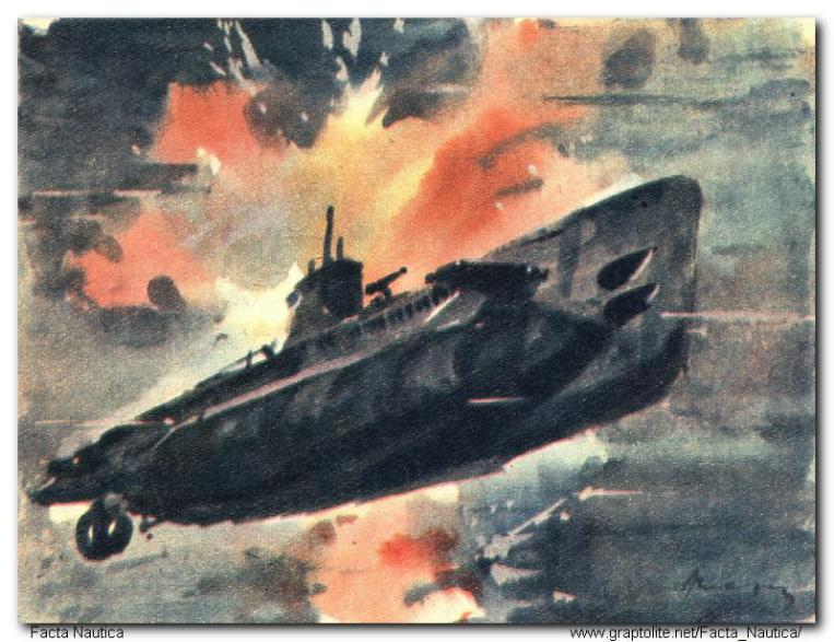 Artystyczna wizja okrêtu podwodnego ORP WILK atakowanego bombami g³êbinowymi przez niemieckie œcigacze.